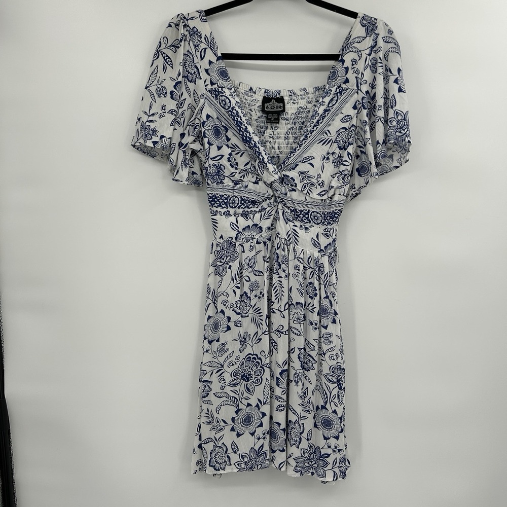Angie Womens Boho Floral Smocked Babydoll Dress Size L Festival V Neck Peasant
